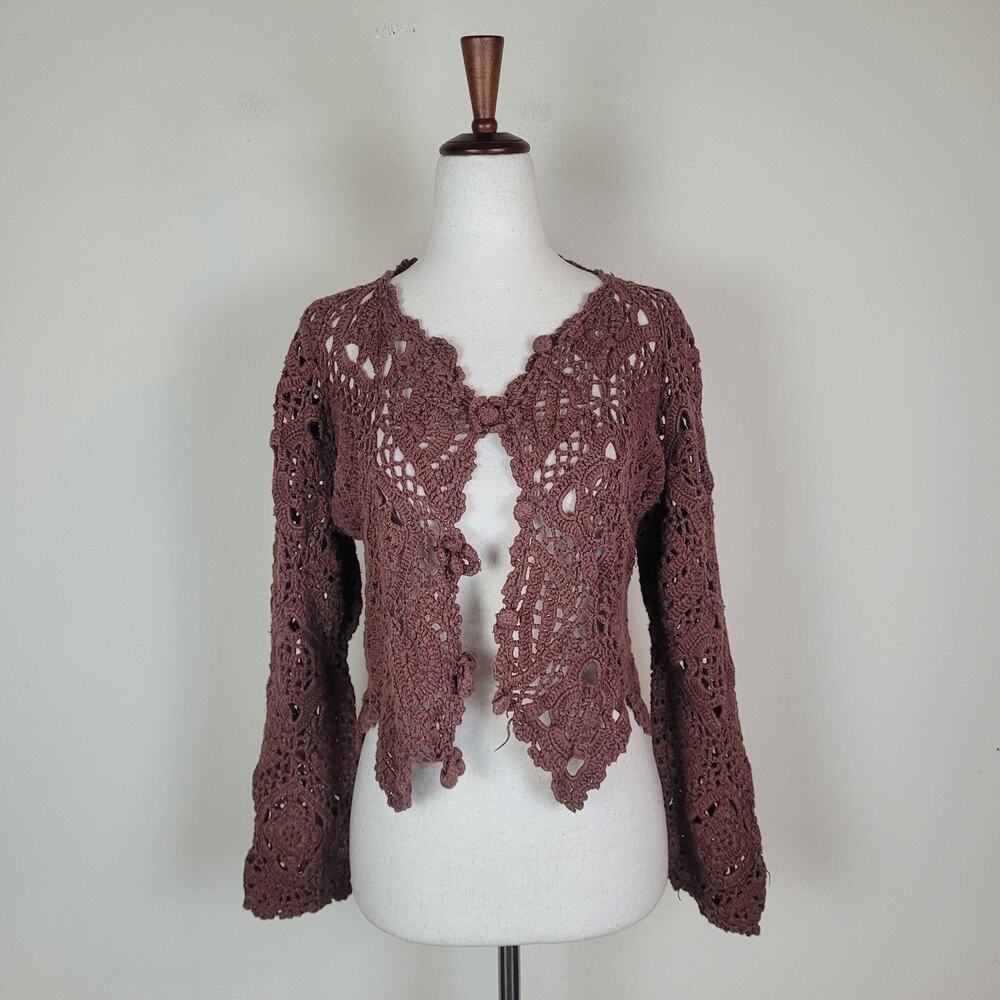 VTG Crochet Sweater Cardigan OS Brown Open Knit Boho Indie Fairy Grunge Hippie